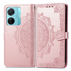 Leather Case Stands Fashionable Pattern Flip Cover Holder for Vivo iQOO Z6 Pro 5G Rose Gold