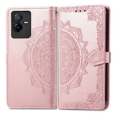 Leather Case Stands Fashionable Pattern Flip Cover Holder for Vivo iQOO Z6x Rose Gold