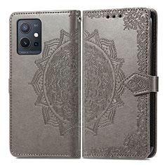 Leather Case Stands Fashionable Pattern Flip Cover Holder for Vivo T1 5G India Gray