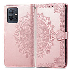 Leather Case Stands Fashionable Pattern Flip Cover Holder for Vivo T1 5G India Rose Gold