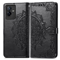 Leather Case Stands Fashionable Pattern Flip Cover Holder for Vivo T2x 5G Black