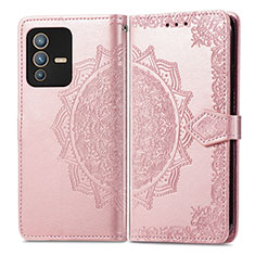 Leather Case Stands Fashionable Pattern Flip Cover Holder for Vivo V23 Pro 5G Rose Gold