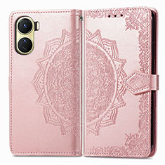 Leather Case Stands Fashionable Pattern Flip Cover Holder for Vivo Y02S Rose Gold