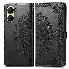 Leather Case Stands Fashionable Pattern Flip Cover Holder for Vivo Y16 Black