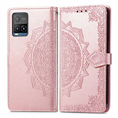 Leather Case Stands Fashionable Pattern Flip Cover Holder for Vivo Y21 Rose Gold