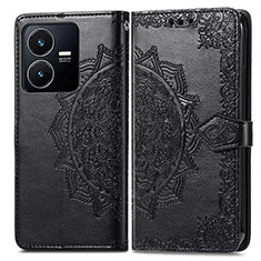 Leather Case Stands Fashionable Pattern Flip Cover Holder for Vivo Y22 Black