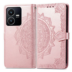 Leather Case Stands Fashionable Pattern Flip Cover Holder for Vivo Y22s Rose Gold