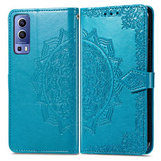 Leather Case Stands Fashionable Pattern Flip Cover Holder for Vivo Y52 5G Blue