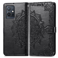Leather Case Stands Fashionable Pattern Flip Cover Holder for Vivo Y55s 5G Black
