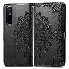 Leather Case Stands Fashionable Pattern Flip Cover Holder for Vivo Y73s 5G Black