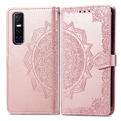 Leather Case Stands Fashionable Pattern Flip Cover Holder for Vivo Y73s 5G Rose Gold