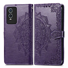 Leather Case Stands Fashionable Pattern Flip Cover Holder for Vivo Y74s 5G Purple