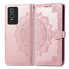 Leather Case Stands Fashionable Pattern Flip Cover Holder for Vivo Y74s 5G Rose Gold