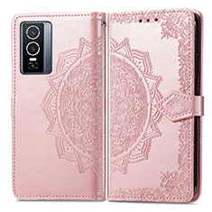 Leather Case Stands Fashionable Pattern Flip Cover Holder for Vivo Y76 5G Rose Gold