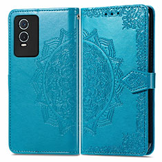 Leather Case Stands Fashionable Pattern Flip Cover Holder for Vivo Y76s 5G Blue