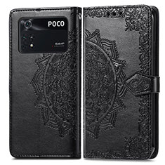 Leather Case Stands Fashionable Pattern Flip Cover Holder for Xiaomi Poco M4 Pro 4G Black