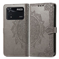 Leather Case Stands Fashionable Pattern Flip Cover Holder for Xiaomi Poco M4 Pro 4G Gray