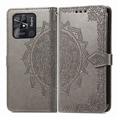 Leather Case Stands Fashionable Pattern Flip Cover Holder for Xiaomi Redmi 10 India Gray