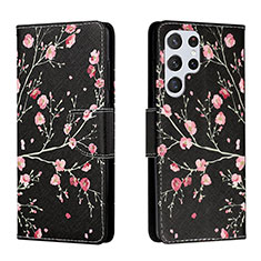 Leather Case Stands Fashionable Pattern Flip Cover Holder H01X for Samsung Galaxy S24 Ultra 5G Black