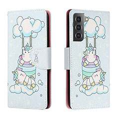 Leather Case Stands Fashionable Pattern Flip Cover Holder H02X for Samsung Galaxy S22 5G Mint Blue