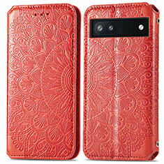 Leather Case Stands Fashionable Pattern Flip Cover Holder S01D for Google Pixel 6a 5G Red