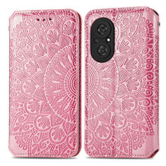 Leather Case Stands Fashionable Pattern Flip Cover Holder S01D for Huawei Honor 50 SE 5G Rose Gold