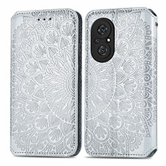 Leather Case Stands Fashionable Pattern Flip Cover Holder S01D for Huawei Honor 50 SE 5G Silver