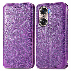 Leather Case Stands Fashionable Pattern Flip Cover Holder S01D for Huawei Honor 60 5G Purple