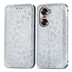 Leather Case Stands Fashionable Pattern Flip Cover Holder S01D for Huawei Honor 60 Pro 5G Silver