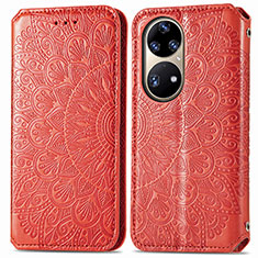 Leather Case Stands Fashionable Pattern Flip Cover Holder S01D for Huawei P50 Pro Red