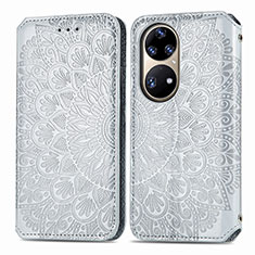 Leather Case Stands Fashionable Pattern Flip Cover Holder S01D for Huawei P50 Silver