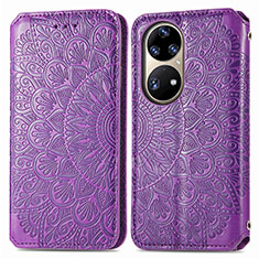 Leather Case Stands Fashionable Pattern Flip Cover Holder S01D for Huawei P50e Purple