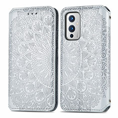 Leather Case Stands Fashionable Pattern Flip Cover Holder S01D for OnePlus 9 5G Silver