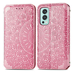 Leather Case Stands Fashionable Pattern Flip Cover Holder S01D for OnePlus Nord 2 5G Rose Gold