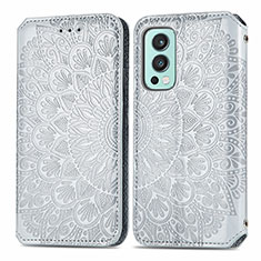 Leather Case Stands Fashionable Pattern Flip Cover Holder S01D for OnePlus Nord 2 5G Silver