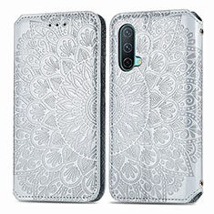 Leather Case Stands Fashionable Pattern Flip Cover Holder S01D for OnePlus Nord CE 5G Silver