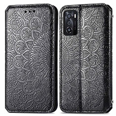 Leather Case Stands Fashionable Pattern Flip Cover Holder S01D for Oppo A55S 5G Black