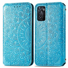 Leather Case Stands Fashionable Pattern Flip Cover Holder S01D for Oppo A55S 5G Blue