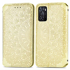 Leather Case Stands Fashionable Pattern Flip Cover Holder S01D for Oppo A55S 5G Gold