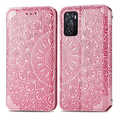 Leather Case Stands Fashionable Pattern Flip Cover Holder S01D for Oppo A55S 5G Rose Gold