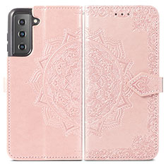 Leather Case Stands Fashionable Pattern Flip Cover Holder S01D for Samsung Galaxy S22 Plus 5G Pink