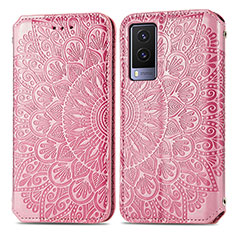 Leather Case Stands Fashionable Pattern Flip Cover Holder S01D for Vivo V21e 5G Rose Gold