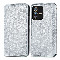 Leather Case Stands Fashionable Pattern Flip Cover Holder S01D for Vivo V23 5G Silver