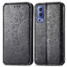 Leather Case Stands Fashionable Pattern Flip Cover Holder S01D for Vivo Y72 5G Black