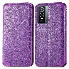 Leather Case Stands Fashionable Pattern Flip Cover Holder S01D for Vivo Y76 5G Purple