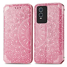 Leather Case Stands Fashionable Pattern Flip Cover Holder S01D for Vivo Y76s 5G Rose Gold