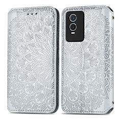 Leather Case Stands Fashionable Pattern Flip Cover Holder S01D for Vivo Y76s 5G Silver