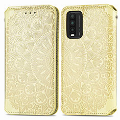 Leather Case Stands Fashionable Pattern Flip Cover Holder S01D for Xiaomi Redmi Note 9 4G Gold