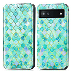 Leather Case Stands Fashionable Pattern Flip Cover Holder S02D for Google Pixel 6a 5G Green