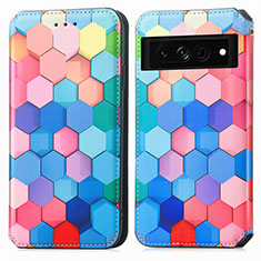 Leather Case Stands Fashionable Pattern Flip Cover Holder S02D for Google Pixel 7 Pro 5G Colorful